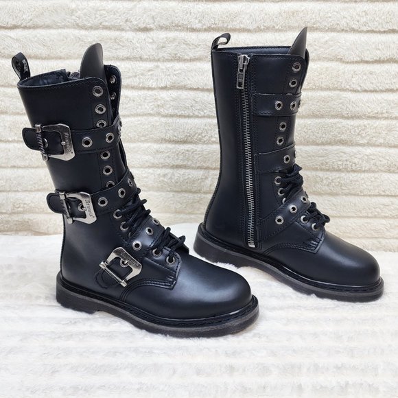 Goth Combat Biker Boots Black Matte Lightning Bolt Tread Bolt 330 - Picture 2 of 14